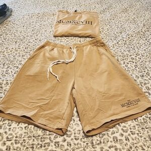 Tan MCMCXVIII streetwear shorts and t-shirt set
